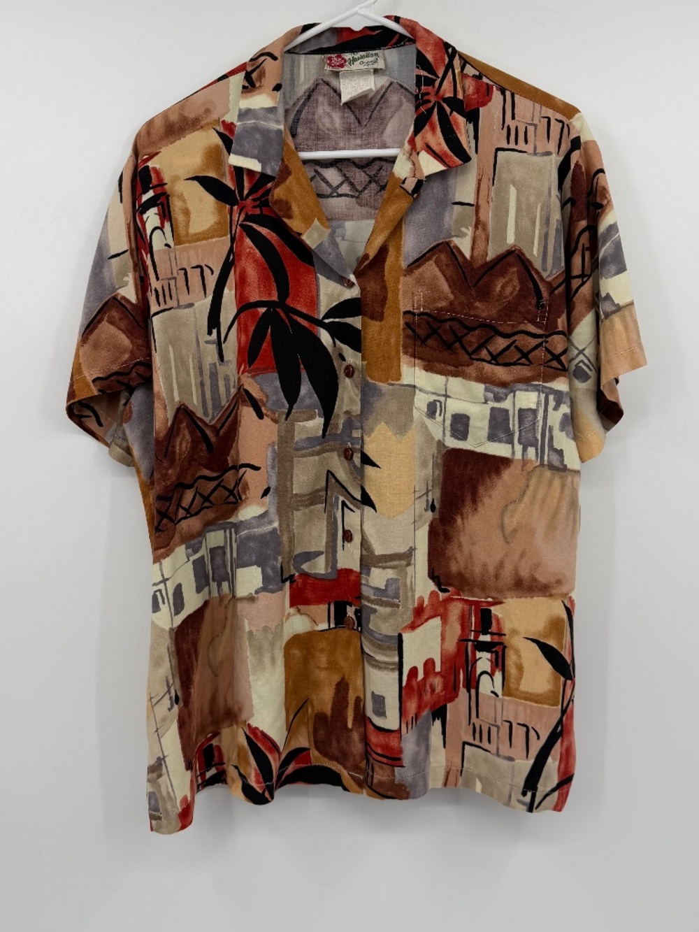Hilo Hattie Button Up Shirt Women Large Brown Short Sleeve Rayon Top Relaxed Fit